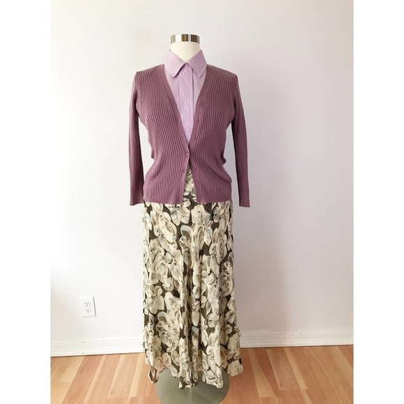Vintage Brown Floral Midi Skirt Swishy Vintage Neutral Silk Plus Size - Picture 4 of 8